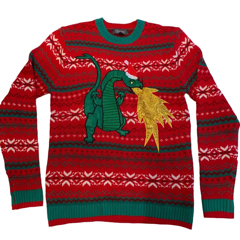 Christmas 33 Degrees Men's Christmas Sweater Fire Breathing Dragon Large